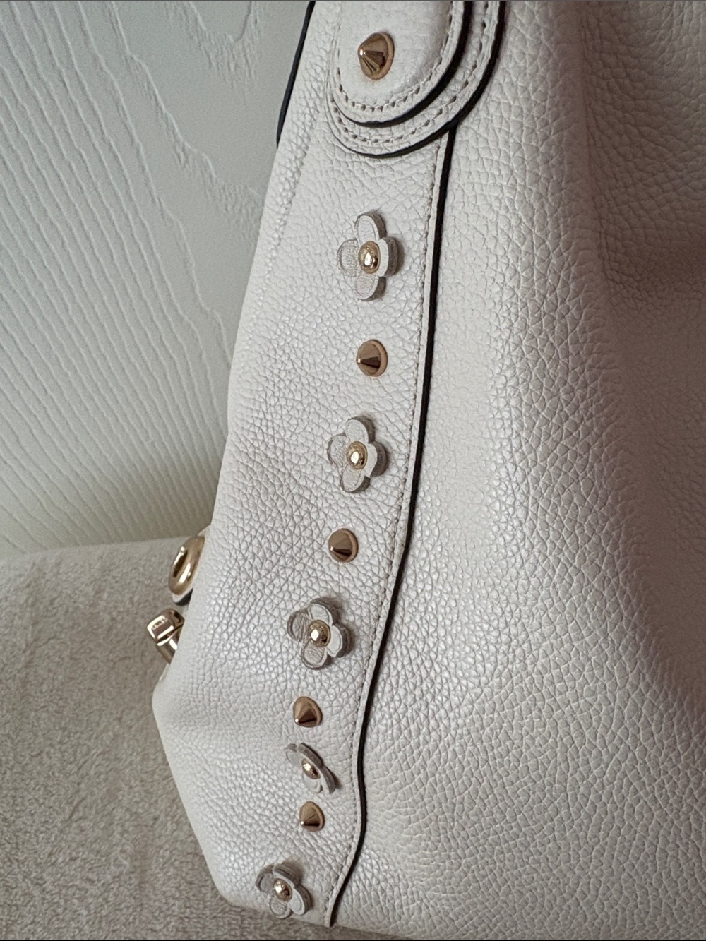 Coach White Pebbled Leather Hobo with Gold Floral Stud Accents - Picture 3 of 13